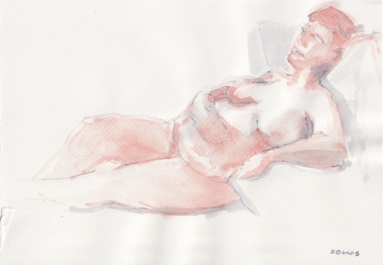 life drawing 4 1.jpeg|watercolour sketch of a nude woman, lying on cushions