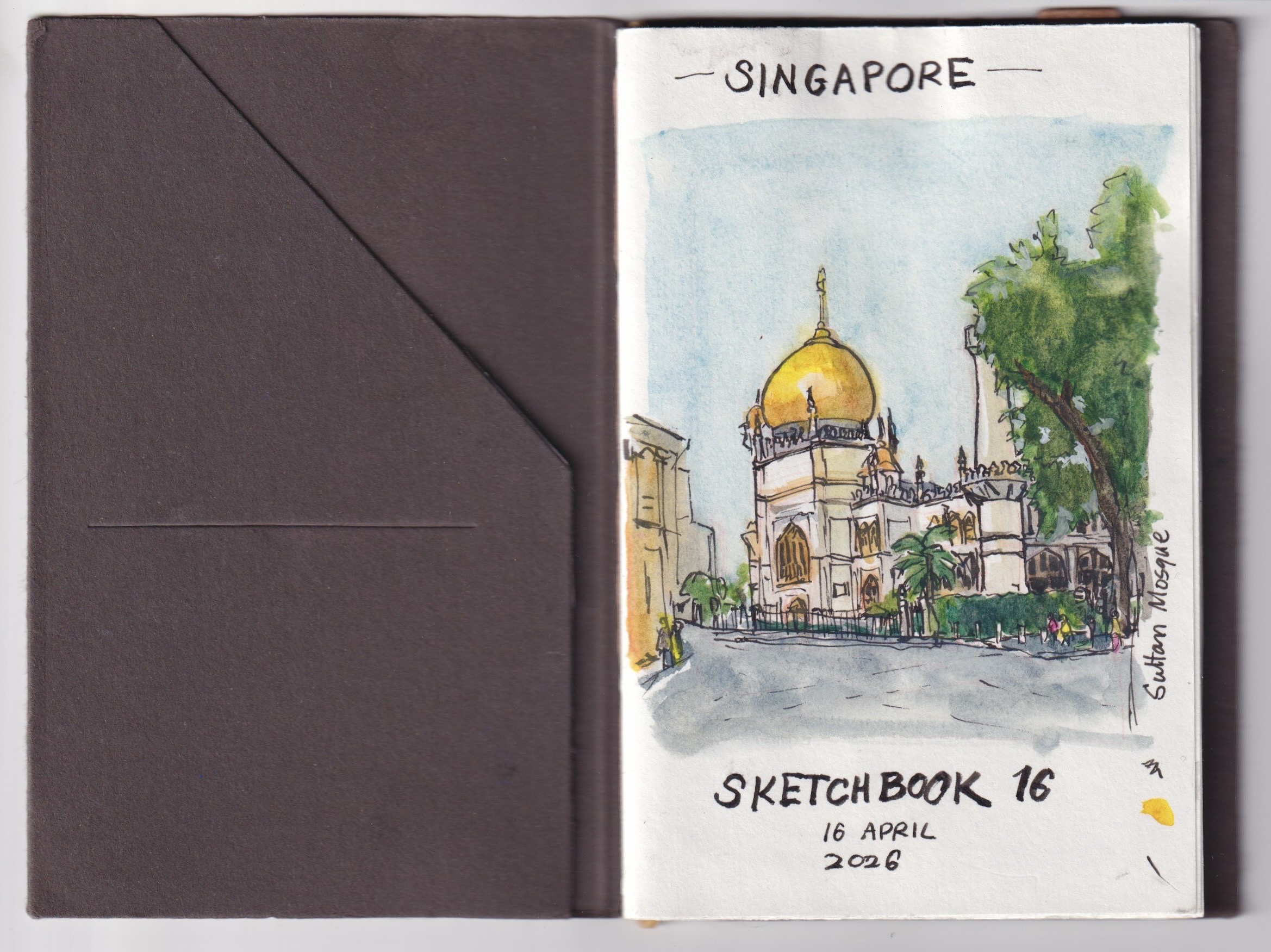 assets/singapore.jpeg|Cover of sketchbook 16 with watercolour sketch of the Sultan Mosque