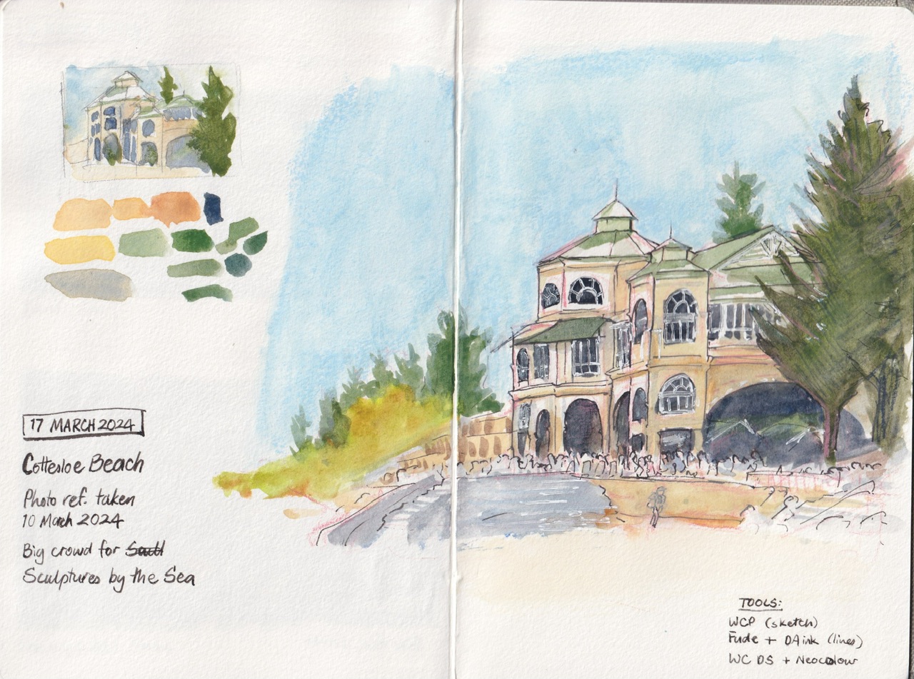sketchbook 5 6.jpeg|watercolour sketch of the building and crowd at Cottesloe Beach