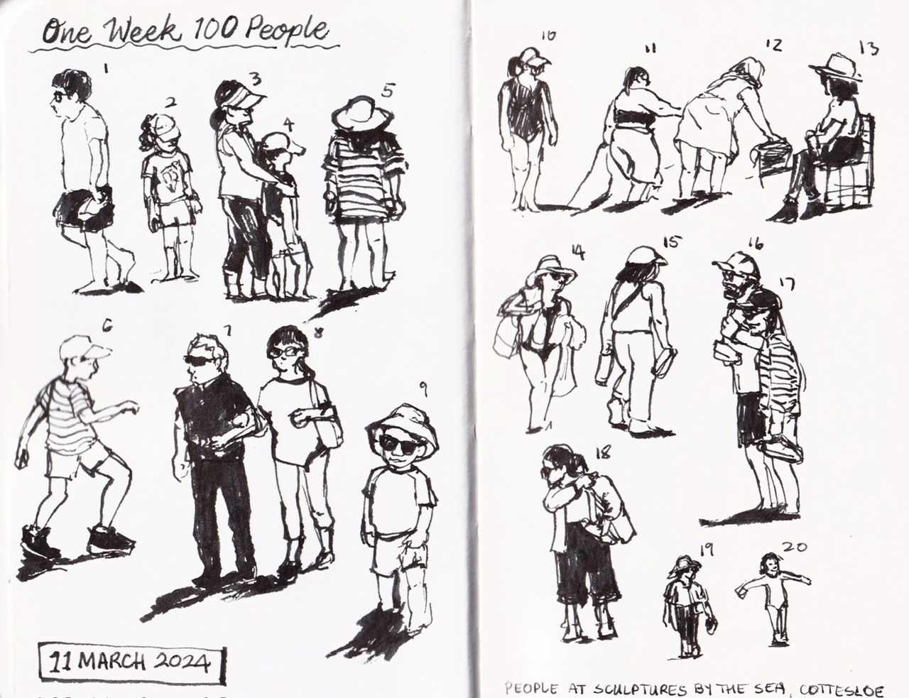 sketchbook 6 21.jpeg|pen sketches of 20 different people spotted at Cottesloe beach