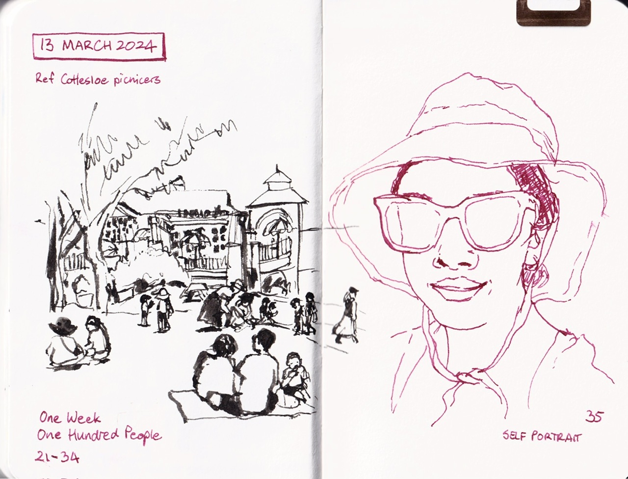 sketchbook 6 22.jpeg|Pen sketches of a crowd at the beach, self-portrait in magenta ink