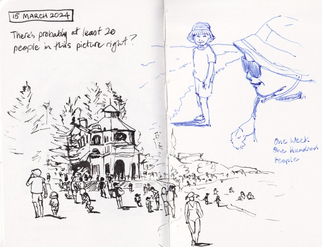 sketchbook 6 23.jpeg|Pen sketches of a crowd at the beach, sketches of two kids at the beach in blue ink