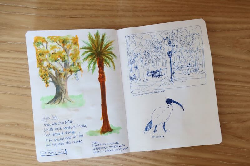 Photo of a sketchbook page - plein air sketching in Hyde Park