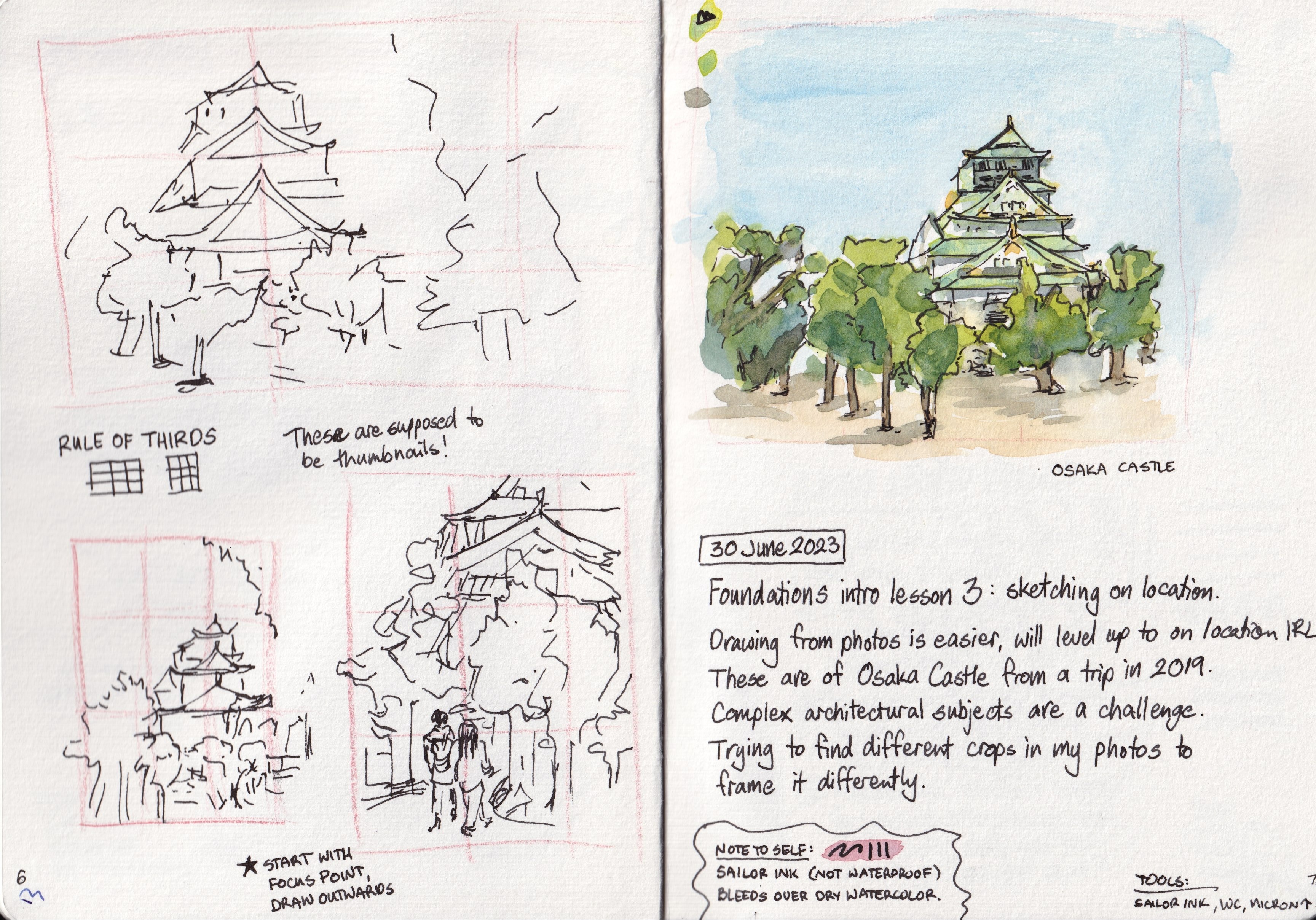 sketchbook2 2 1.jpeg|thumbnail sketches and watercolour sketch of Osaka Castle