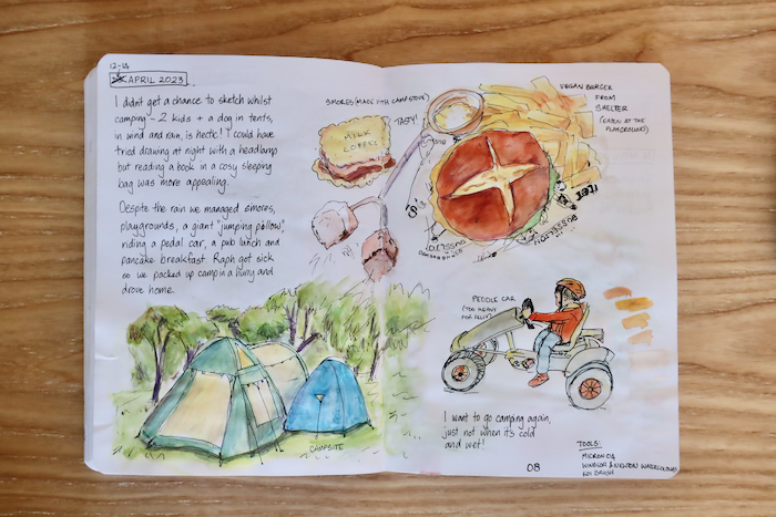 Photo of a sketchbook page - ink and watercolour sketches about camping