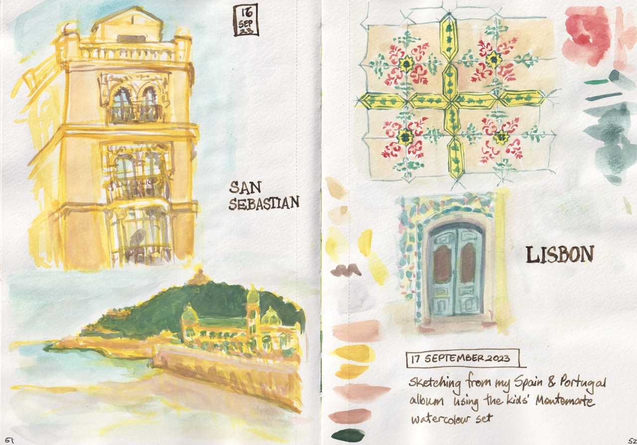 sketchbook3 5.jpeg|sketches of San Sebastián and Lisbon in the kids cheap watercolours