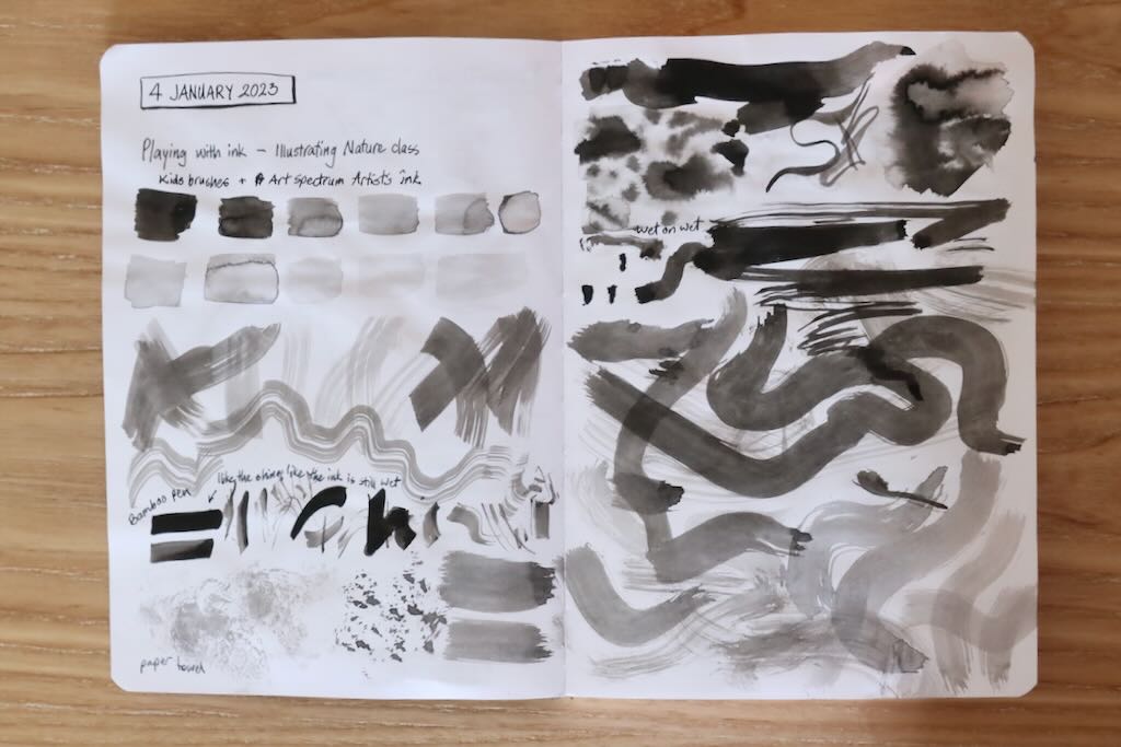 Photo of a sketchbook page - experimental mark making with ink