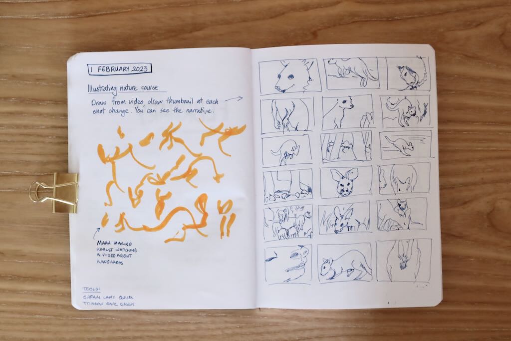 Photo of a sketchbook page - mark making inspired by kangaroos; a page drawn from frames of a video about kangaroos