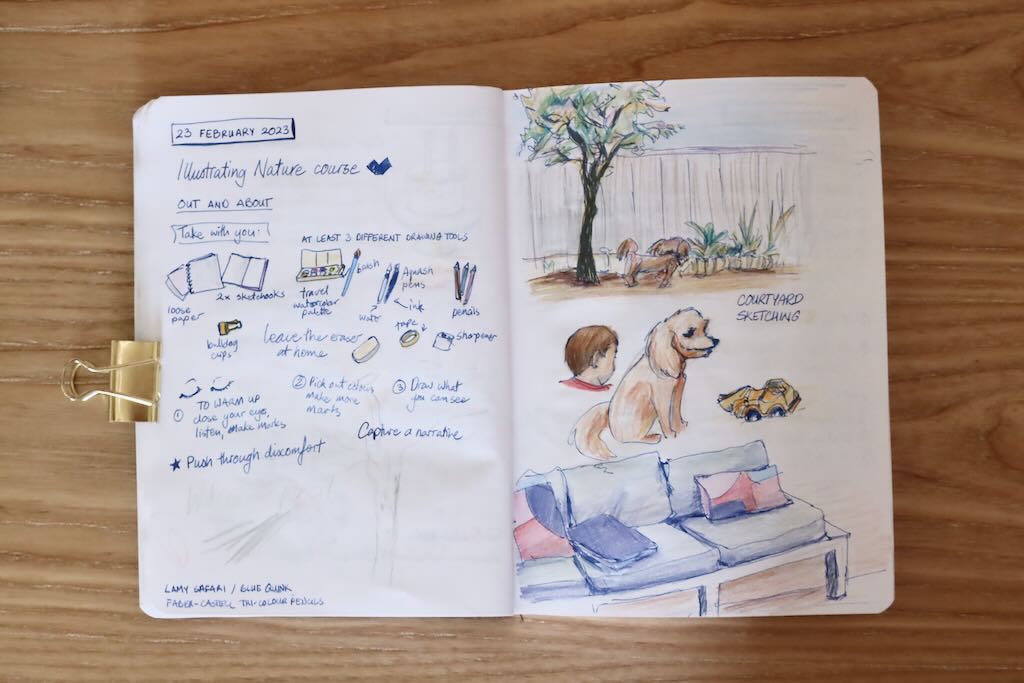 Photo of a sketchbook page - notes from the course about drawing in nature; sketches from my courtyard of trees, my dog, my outdoor couch
