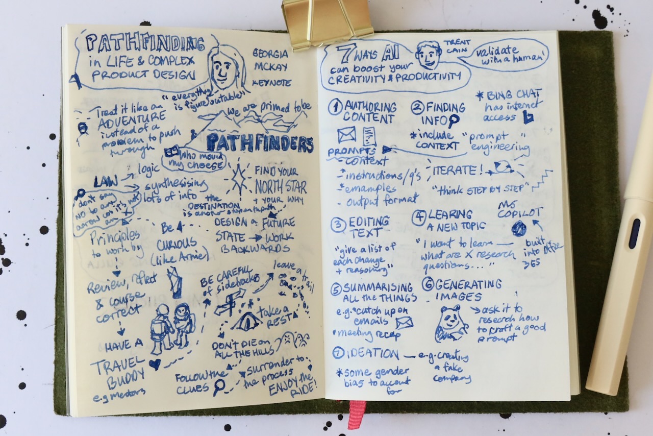 ux-camp-23 - 1.jpeg|sketchnotes for talks Pathfinding in life and complex product design by Georgia and 7 ways to AI can boost your creativity and productivity AI by Trent 