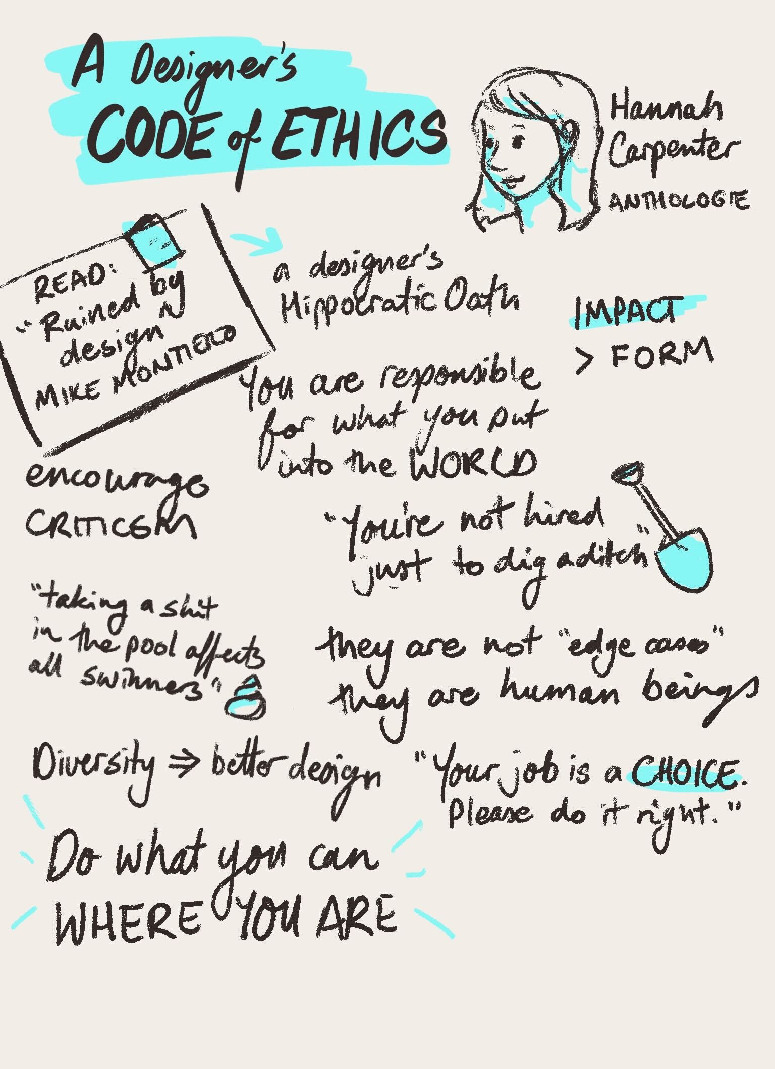 Sketchnote of A Designer's Code of Ethics, Hannah Carpenter